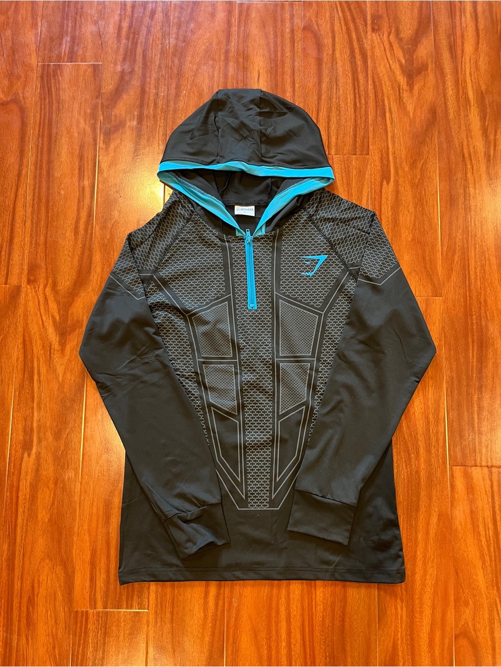 Gymshark 1/4 Zip Onyx V1Graphic Performance Hoodie Black Cyan Blue - Size Large
